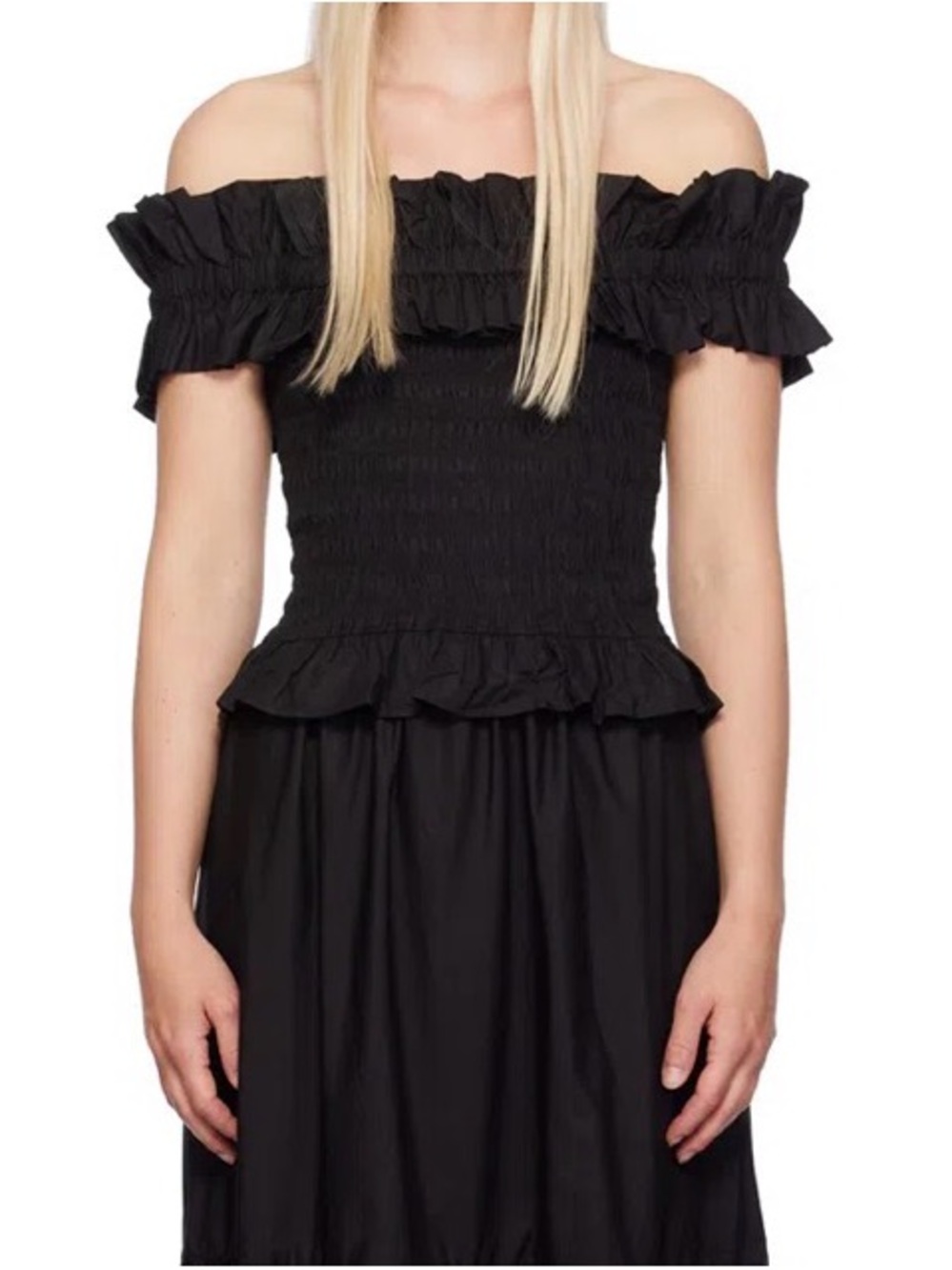 NWT Ganni EU38/ US6 Organic Poplin Cotton Off-Shoulder Shired Smocked Top